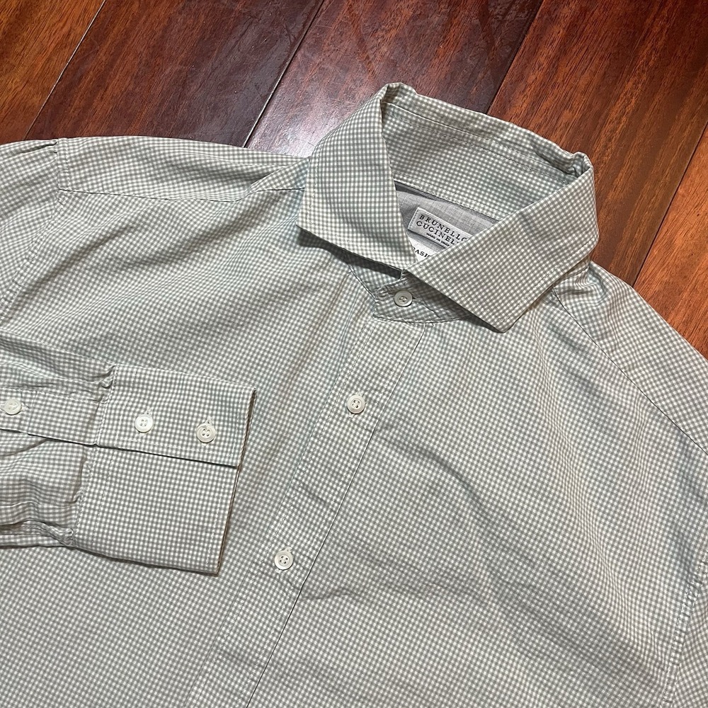 Brunello Cucinelli Shirt Men Large Green Gingham Basic Fit 100% Cotton Italy